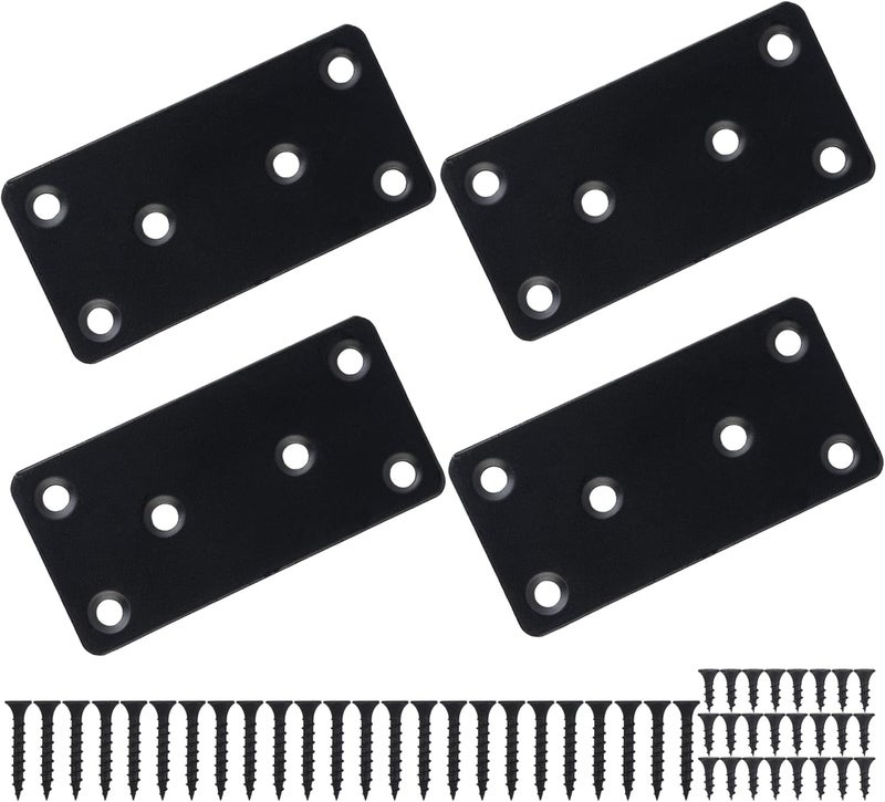 KIMIWISE 4 Pcs Flat Mending Plate, 1.5''x3.1'' Black Stainless Steel Metal Flat Straight Brace Bracket, Fixing Brace Joining Plates for Furniture, Wood, Shelves, Cabinet with 2 Different Lengths of Screws - Image 1